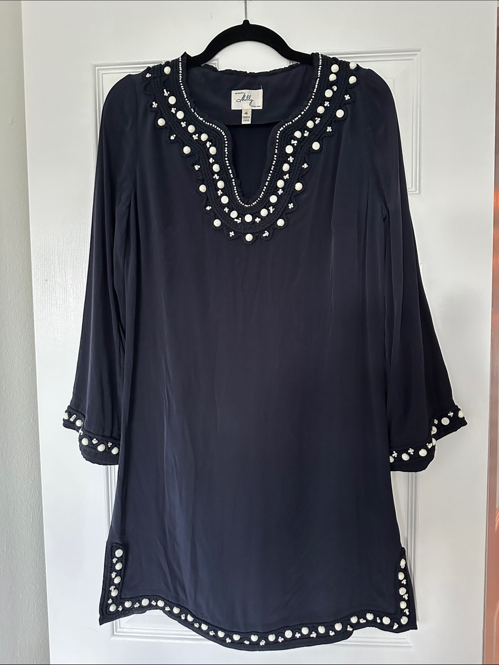 Original Milly of New York 100% silk Navy Tunic with White Bead Trim